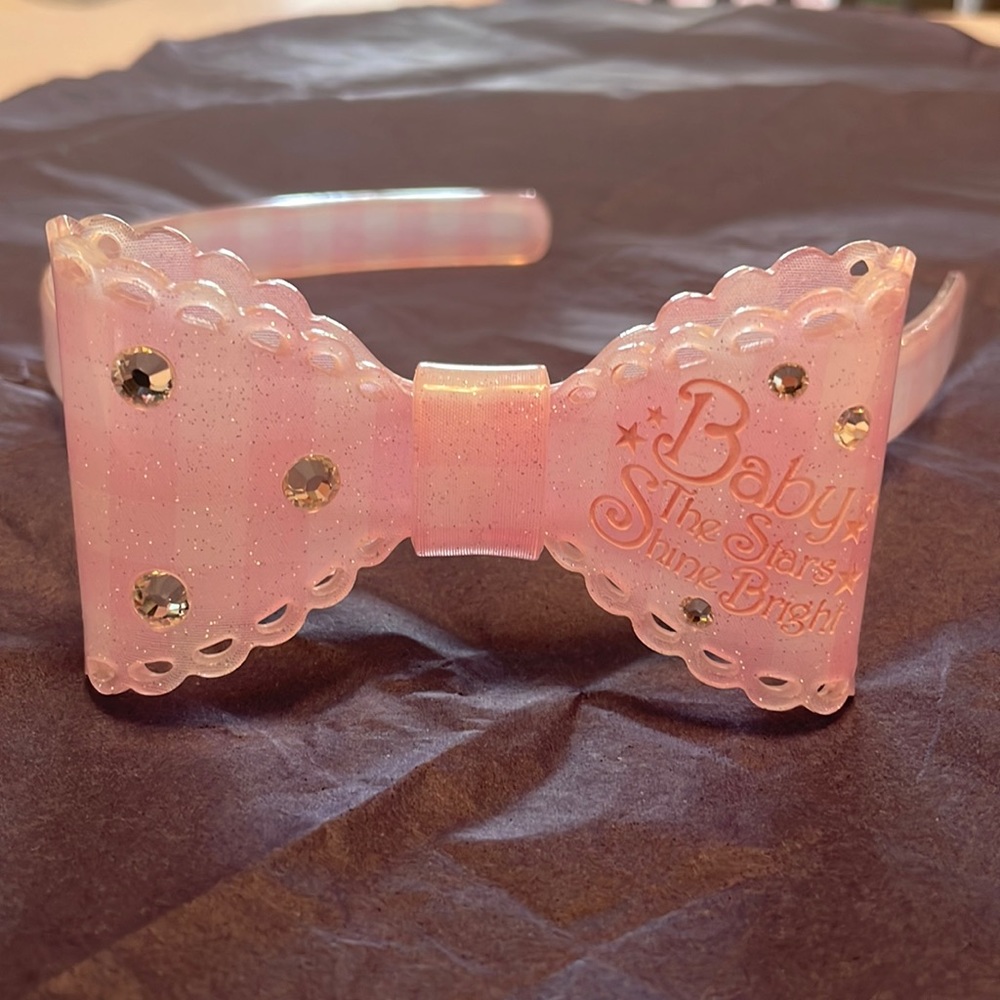 Baby the Stars Shine Bright pink gingham plastic headband with sequins, glitter